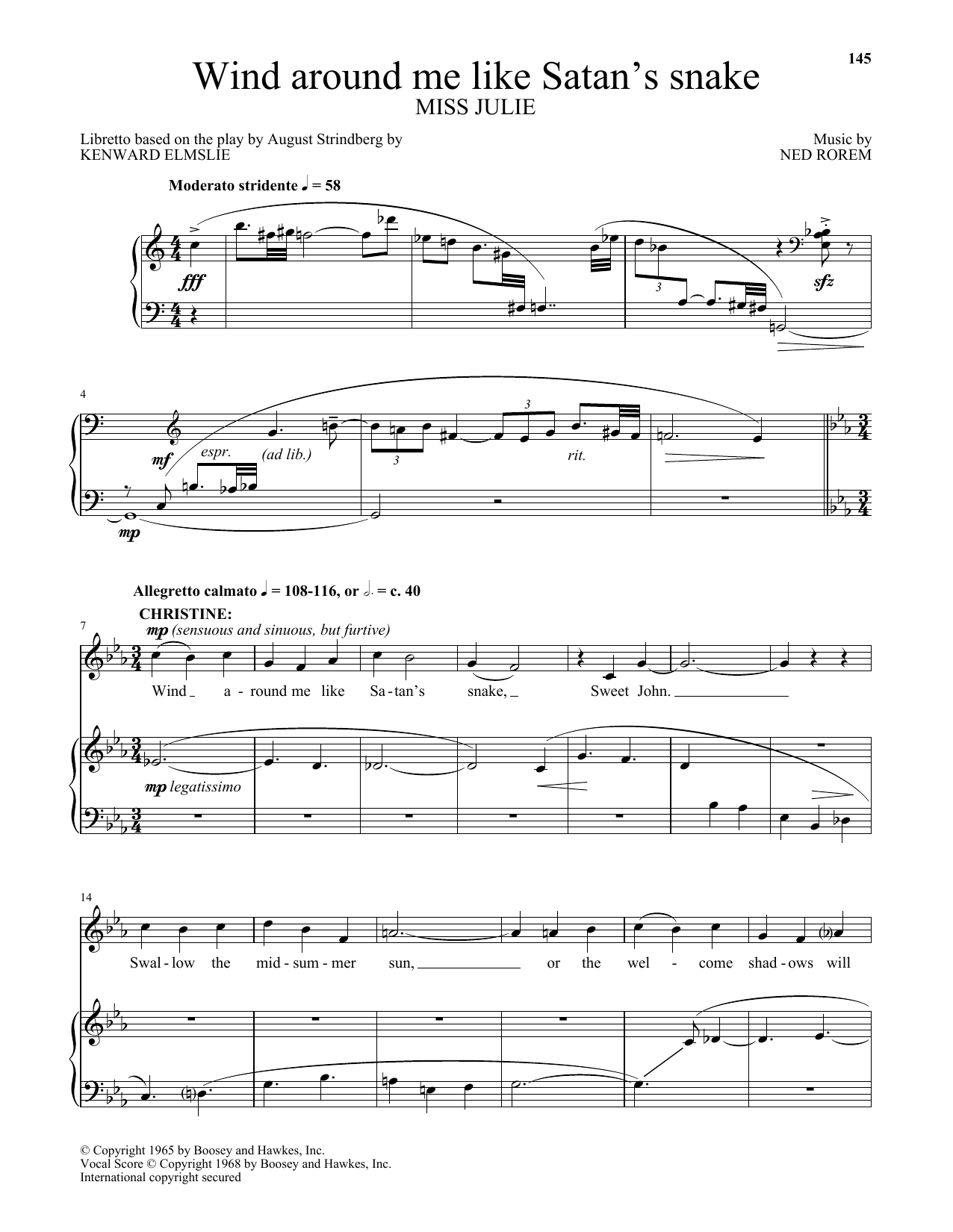 Download Ned Rorem Wind around me like Satan's snake (from Miss Julie) Sheet Music and learn how to play Piano & Vocal PDF digital score in minutes