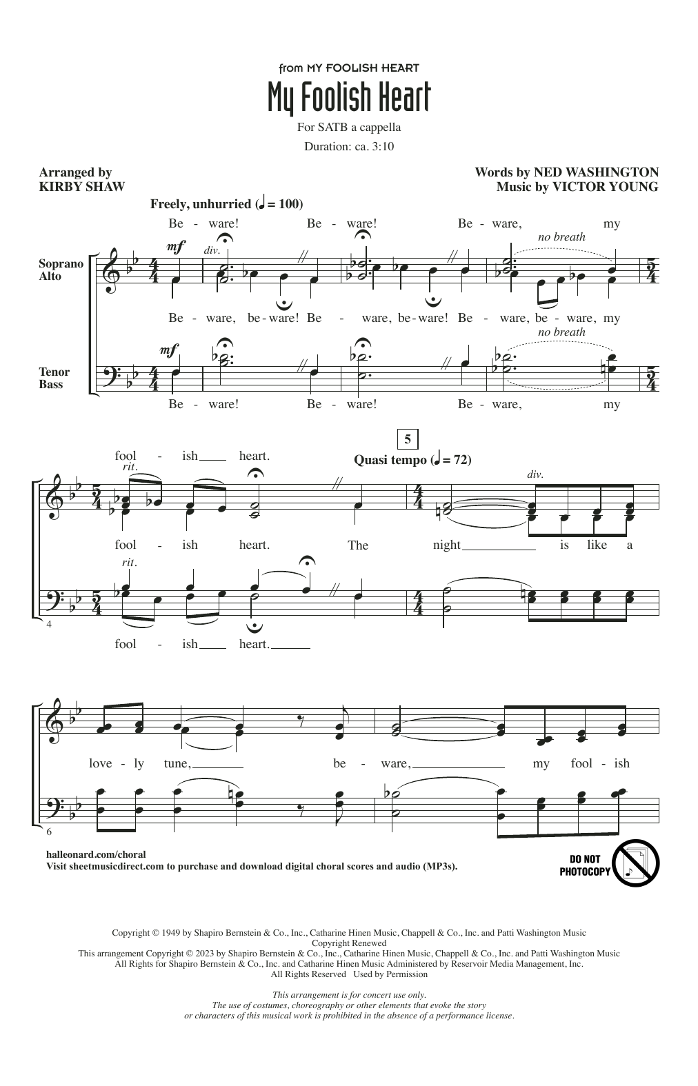 Download Ned Washington & Victor Young My Foolish Heart (arr. Kirby Shaw) Sheet Music and learn how to play SATB Choir PDF digital score in minutes