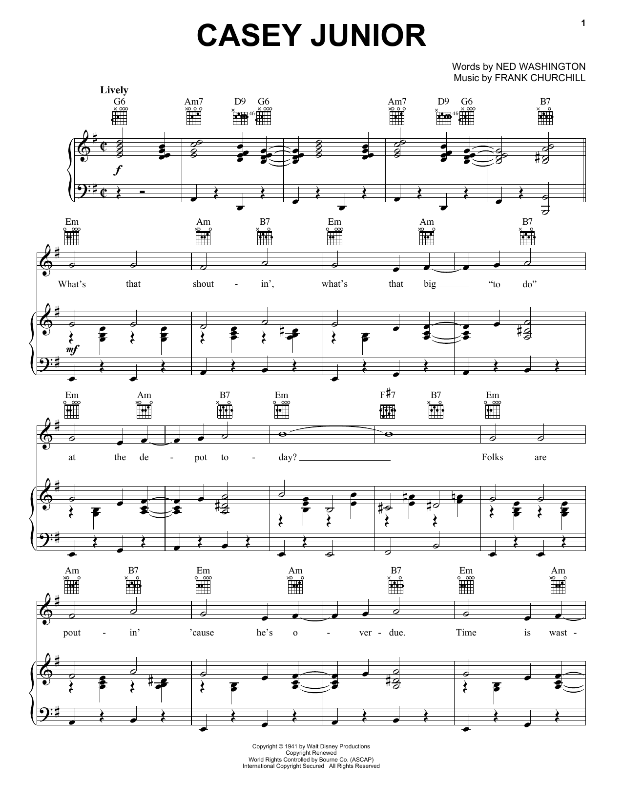 Download Ned Washington and Frank Churchill Casey Junior (from Walt Disney's Dumbo) Sheet Music and learn how to play Piano & Vocal PDF digital score in minutes