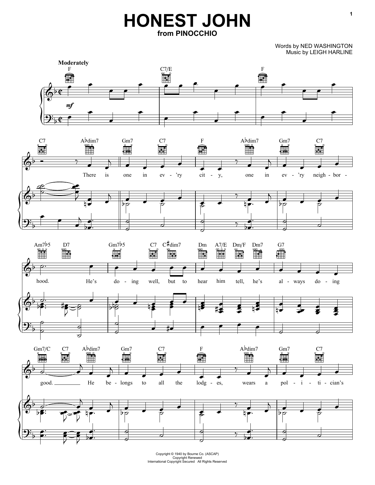 Download Ned Washington and Leigh Harline Honest John (from Walt Disney's Pinocchio) Sheet Music and learn how to play Piano, Vocal & Guitar Chords (Right-Hand Melody) PDF digital score in minutes