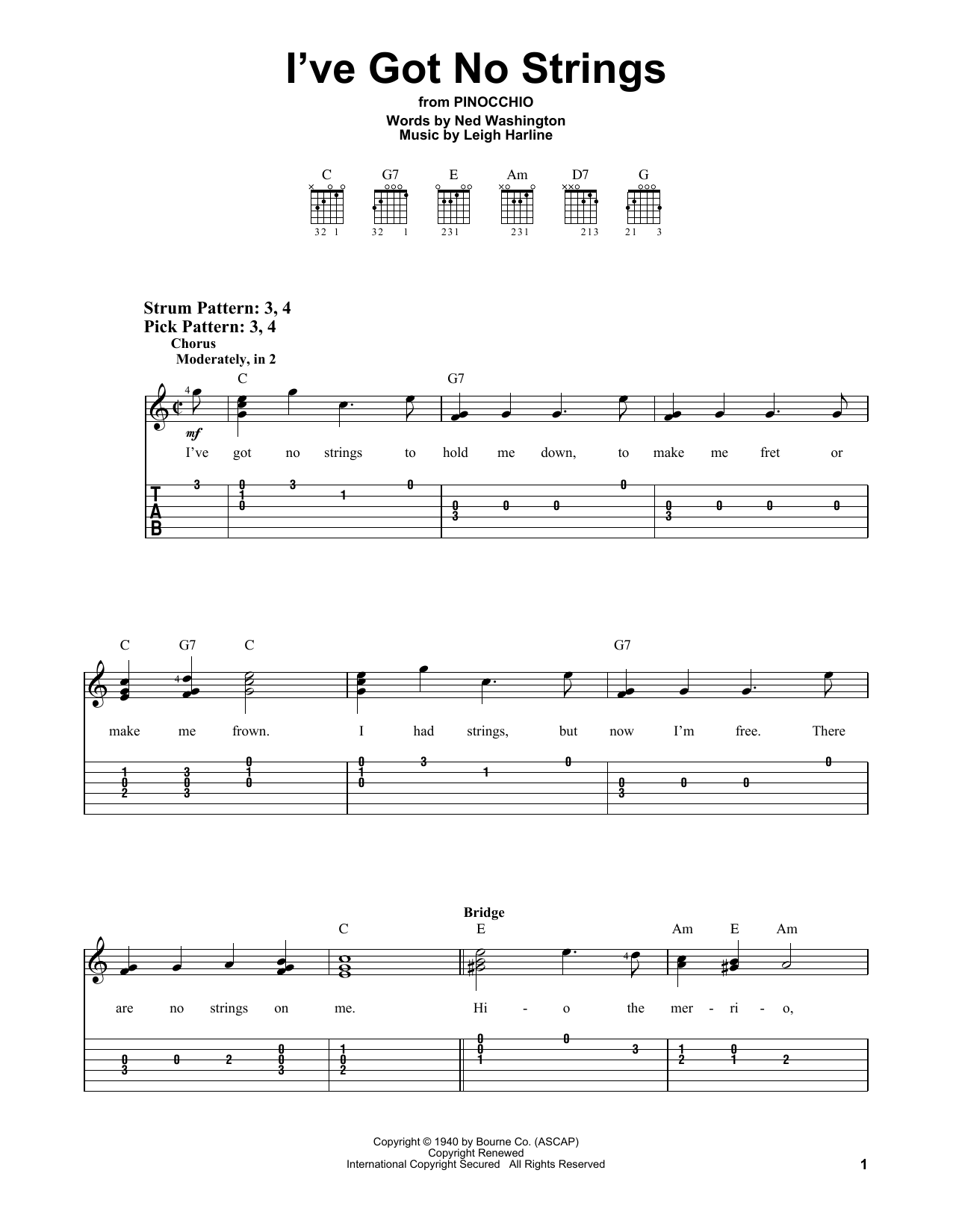 Download Ned Washington and Leigh Harline I've Got No Strings (from Walt Disney's Pinocchio) Sheet Music and learn how to play Easy Guitar Tab PDF digital score in minutes