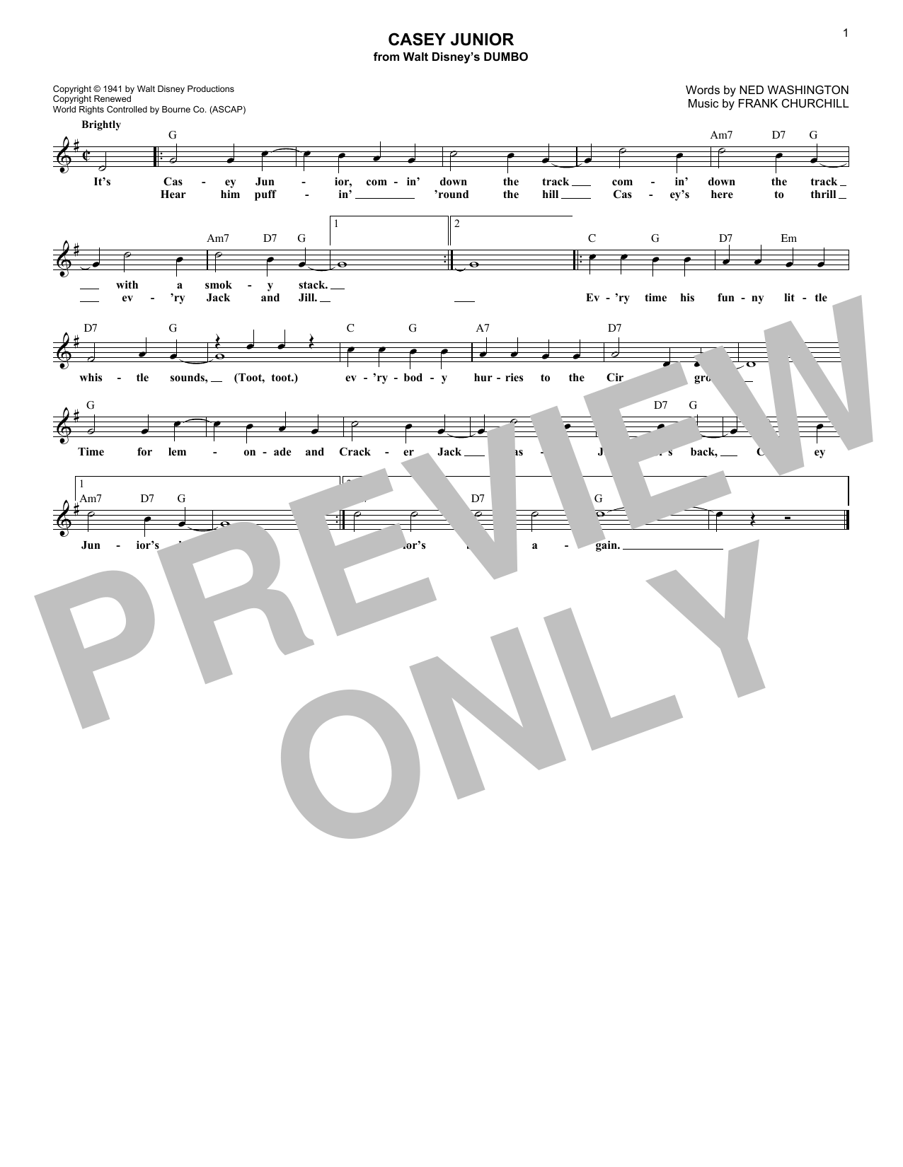 Download Ned Washington Casey Junior Sheet Music and learn how to play Melody Line, Lyrics & Chords PDF digital score in minutes
