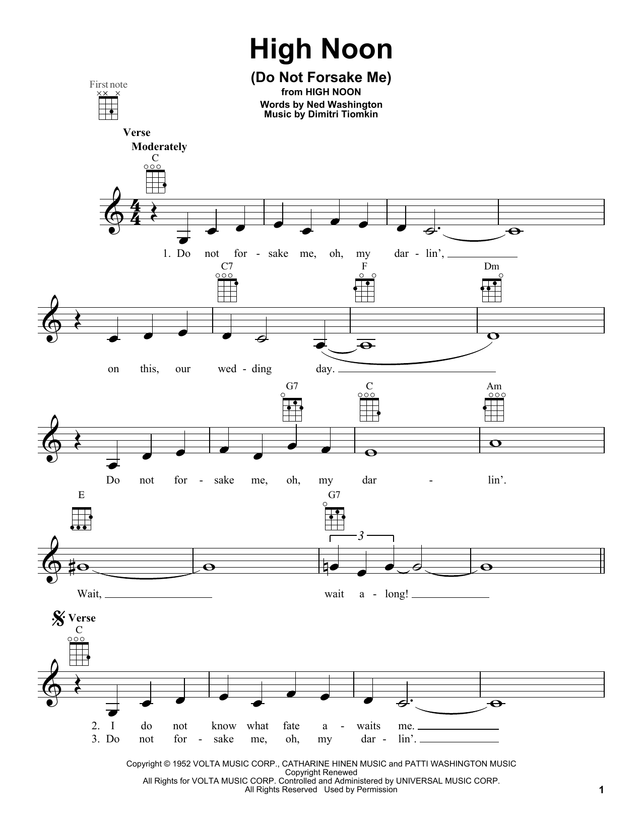 Download Ned Washington High Noon (Do Not Forsake Me) Sheet Music and learn how to play Ukulele PDF digital score in minutes