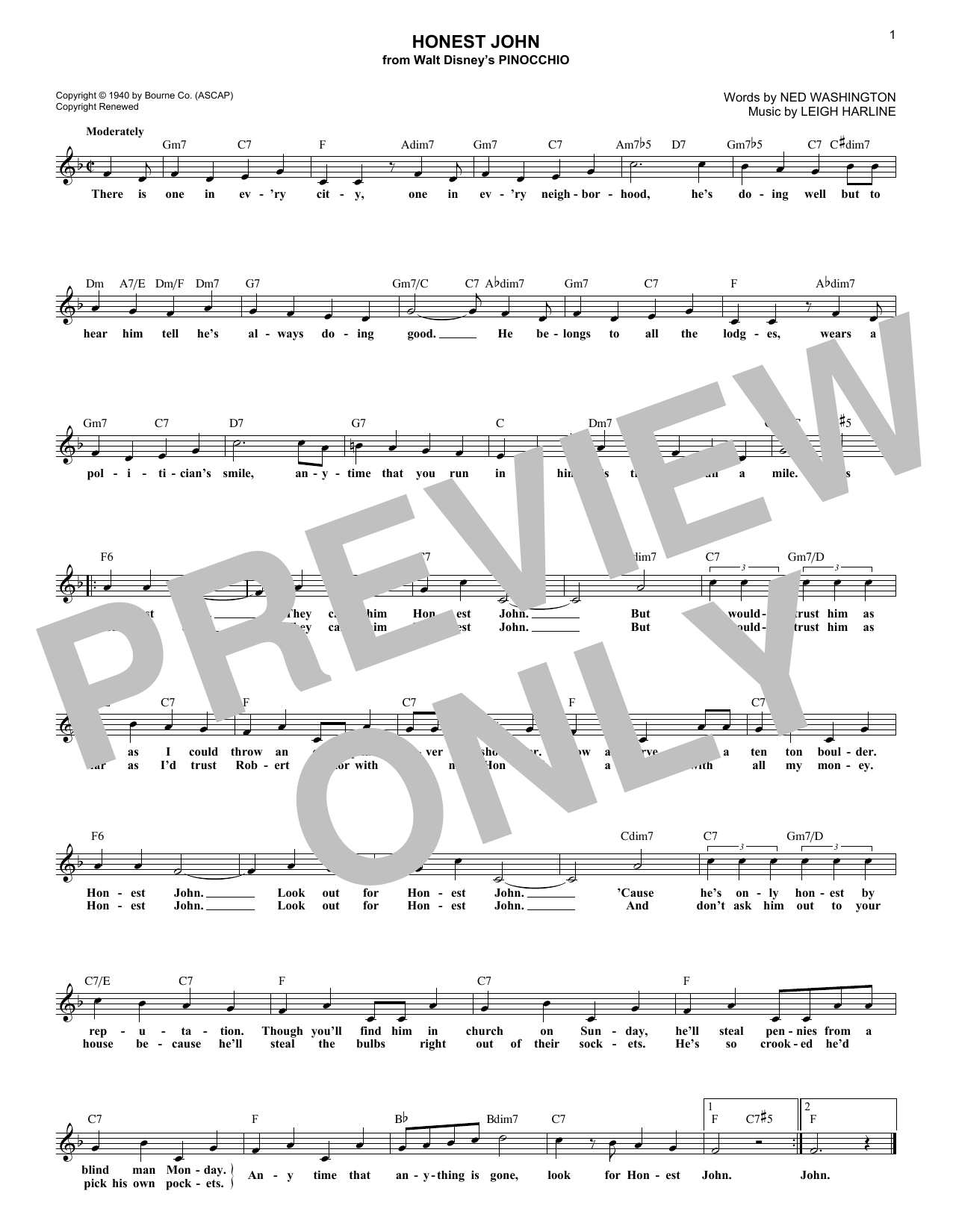 Download Ned Washington Honest John Sheet Music and learn how to play Melody Line, Lyrics & Chords PDF digital score in minutes
