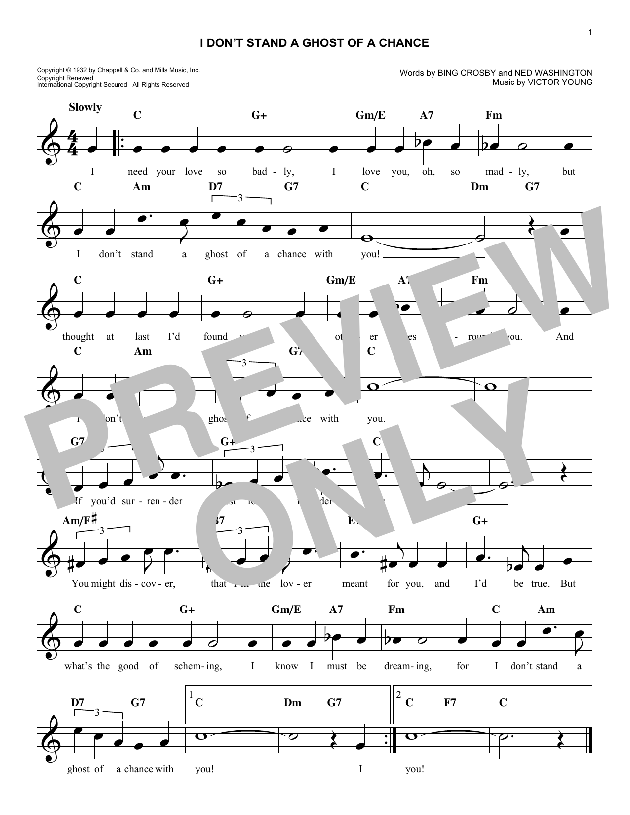 Download Ned Washington I Don't Stand A Ghost Of A Chance With You Sheet Music and learn how to play Melody Line, Lyrics & Chords PDF digital score in minutes