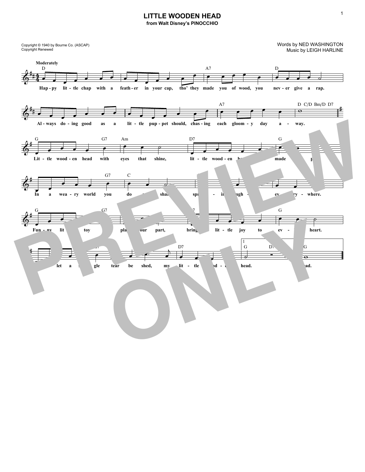 Download Ned Washington Little Wooden Head Sheet Music and learn how to play Melody Line, Lyrics & Chords PDF digital score in minutes