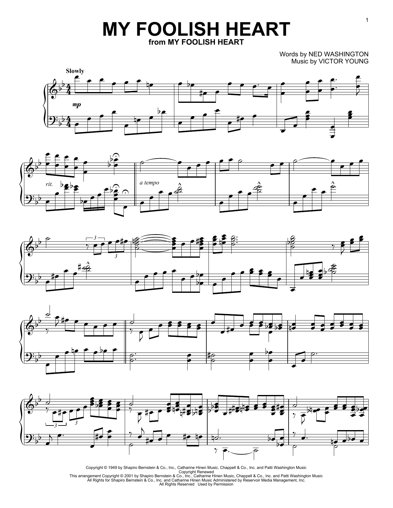 Download Ned Washington My Foolish Heart (arr. Al Lerner) Sheet Music and learn how to play Piano Solo PDF digital score in minutes