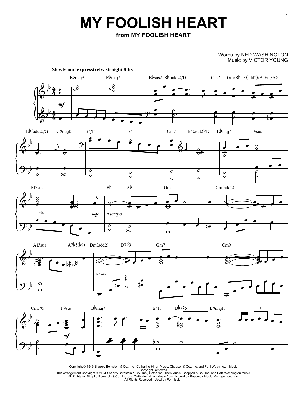 Download Ned Washington My Foolish Heart (arr. Brent Edstrom) Sheet Music and learn how to play Piano Solo PDF digital score in minutes