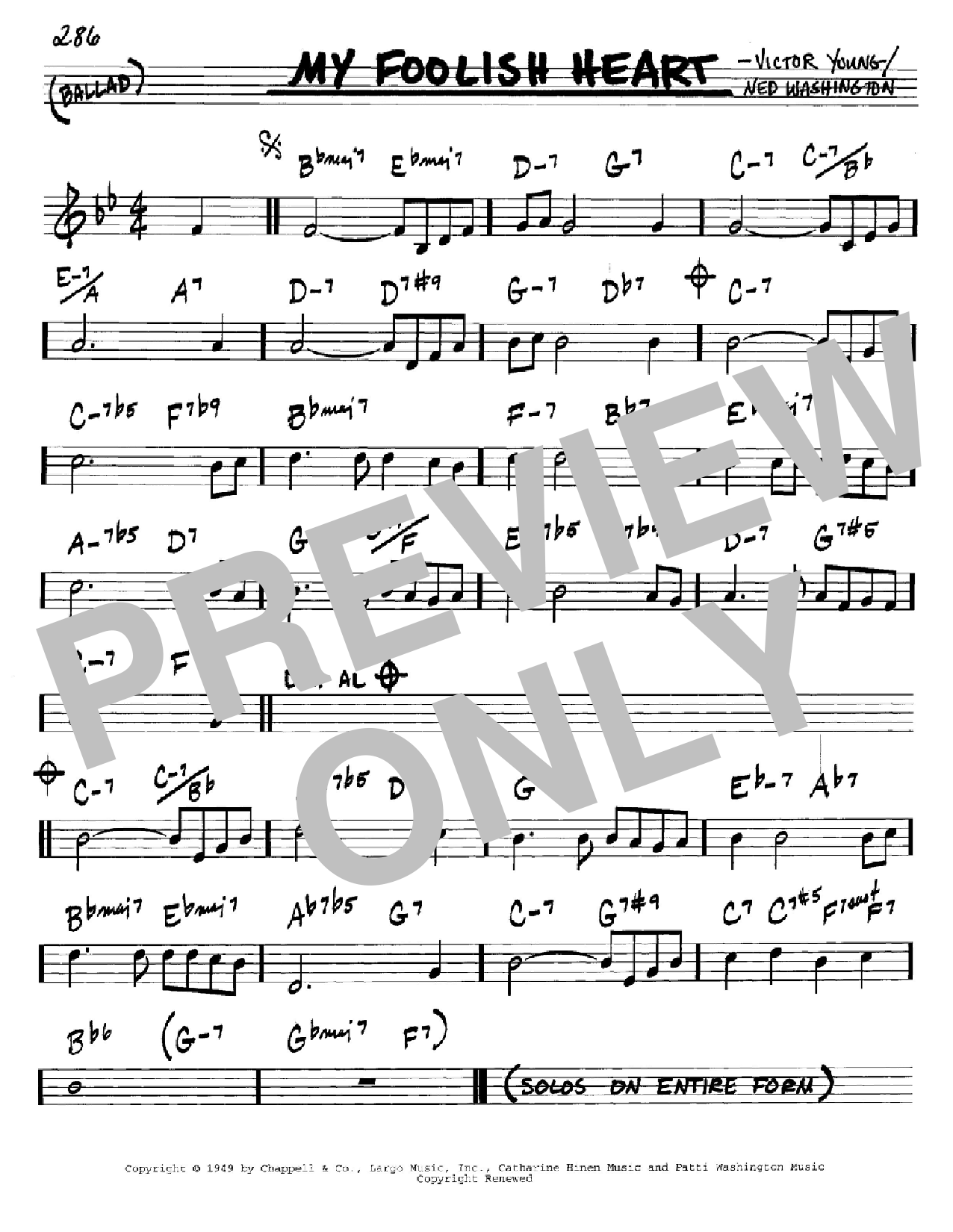 Download Ned Washington My Foolish Heart Sheet Music and learn how to play Real Book - Melody & Chords - Bass Clef Instruments PDF digital score in minutes