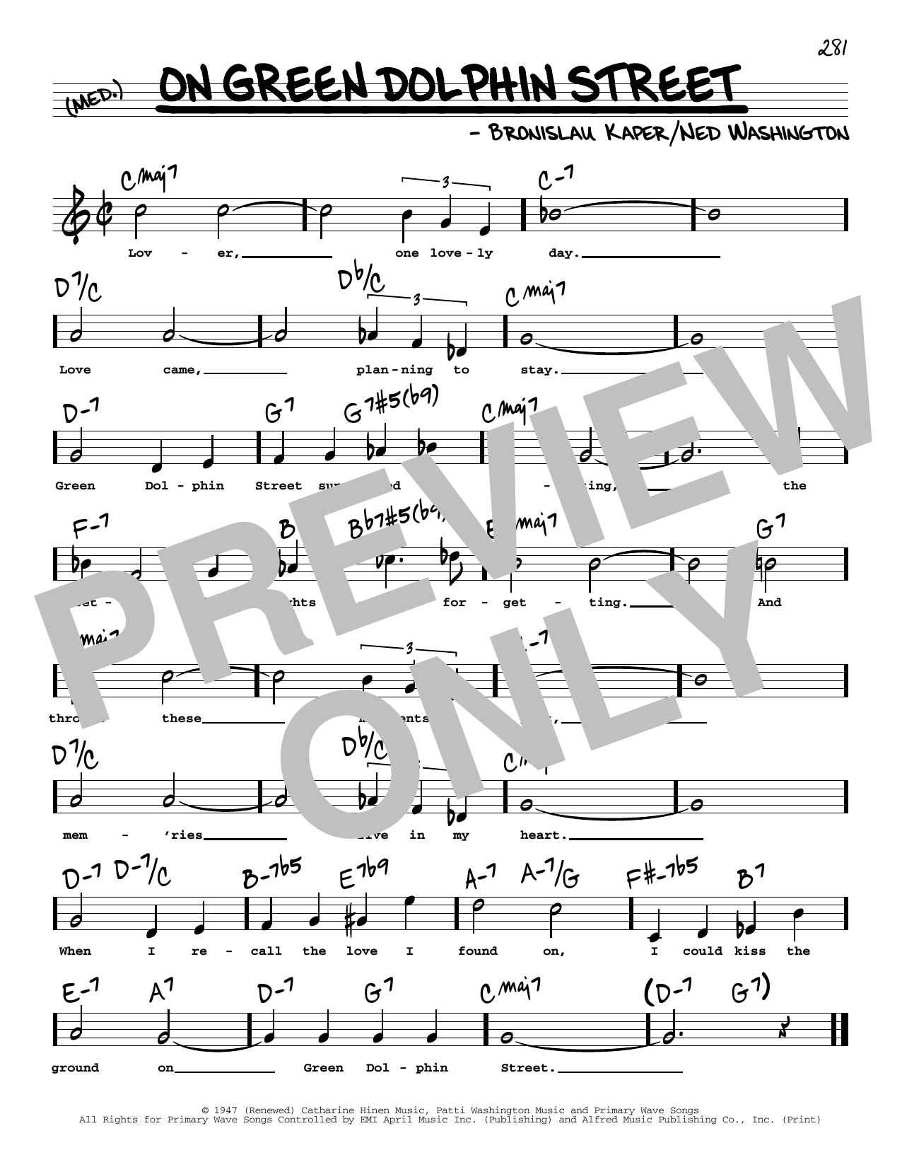 Download Ned Washington On Green Dolphin Street (High Voice) Sheet Music and learn how to play Real Book – Melody, Lyrics & Chords PDF digital score in minutes