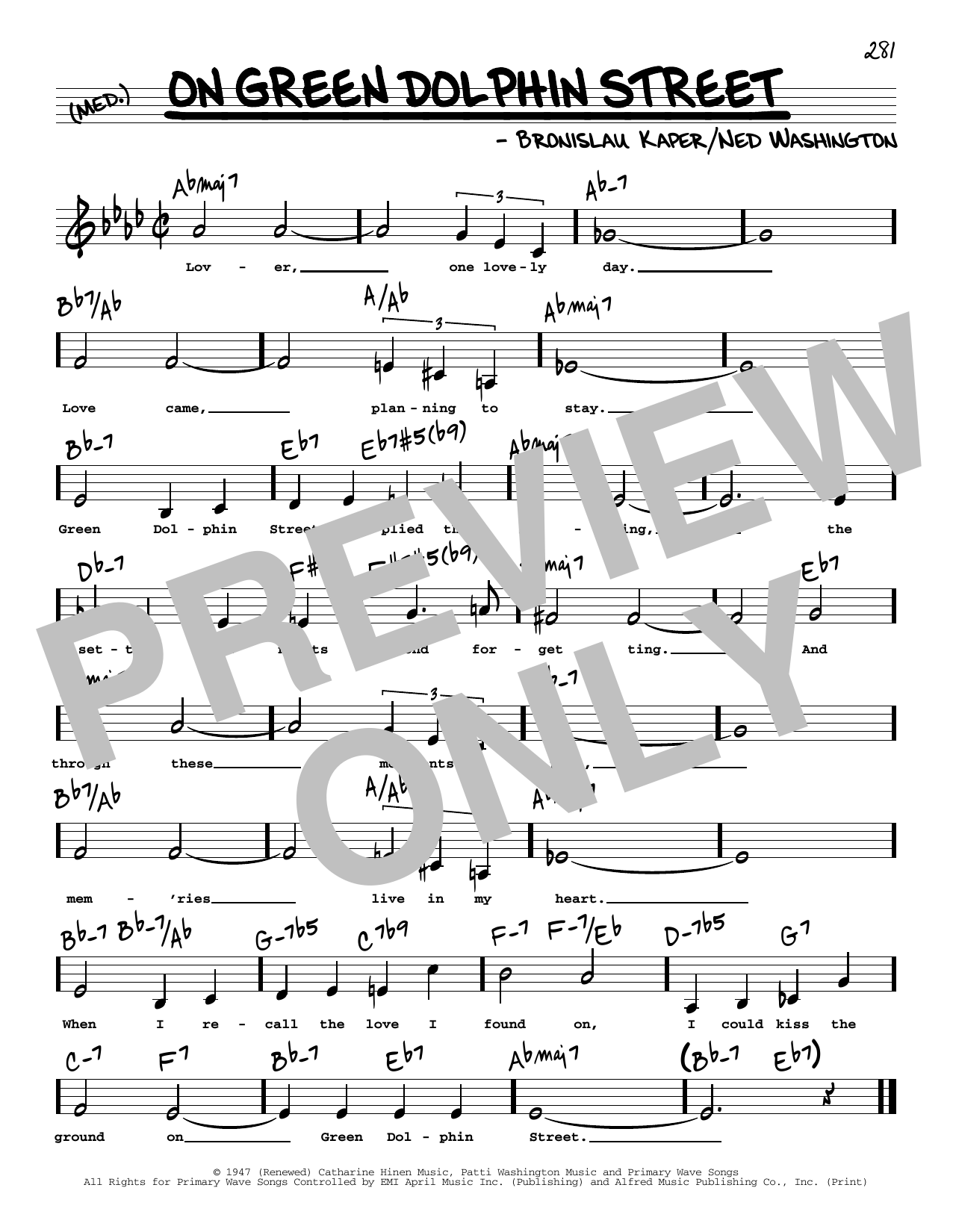 Download Ned Washington On Green Dolphin Street (Low Voice) Sheet Music and learn how to play Real Book – Melody, Lyrics & Chords PDF digital score in minutes