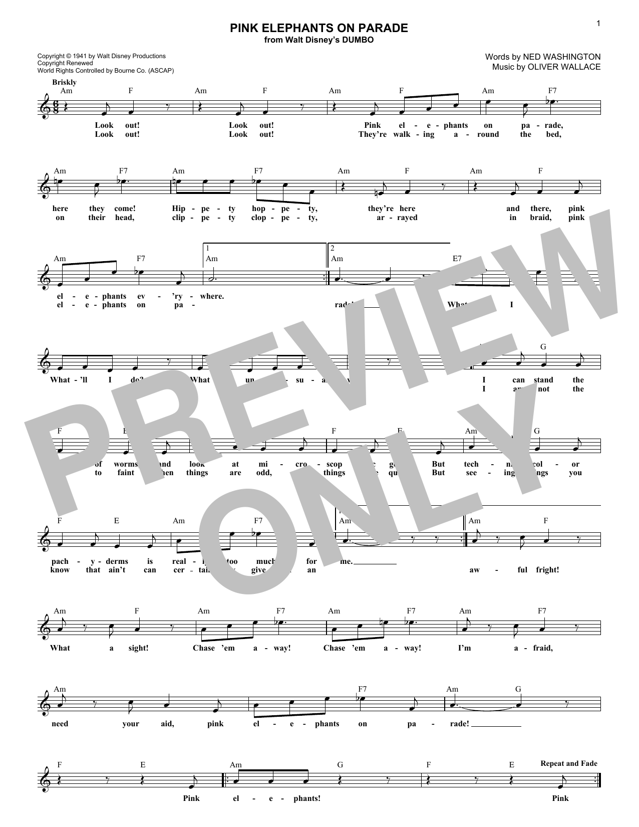 Download Ned Washington Pink Elephants On Parade (from Walt Disney's Dumbo) Sheet Music and learn how to play Lead Sheet / Fake Book PDF digital score in minutes