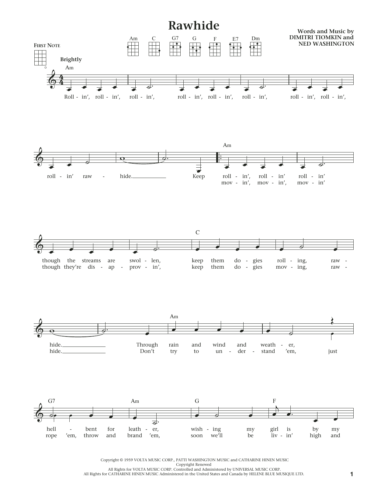 Download Ned Washington Rawhide Sheet Music and learn how to play Ukulele PDF digital score in minutes