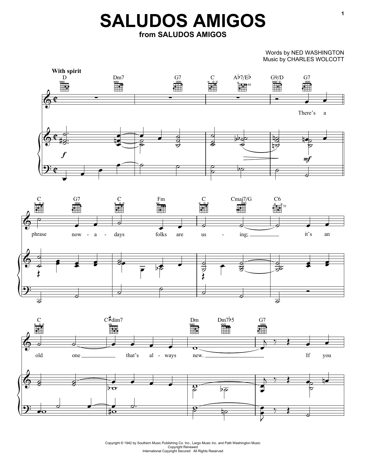 Download Ned Washington Saludos Amigos Sheet Music and learn how to play Melody Line, Lyrics & Chords PDF digital score in minutes