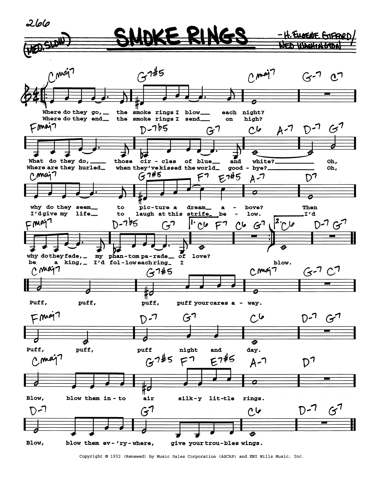 Download Ned Washington Smoke Rings (Low Voice) Sheet Music and learn how to play Real Book – Melody, Lyrics & Chords PDF digital score in minutes