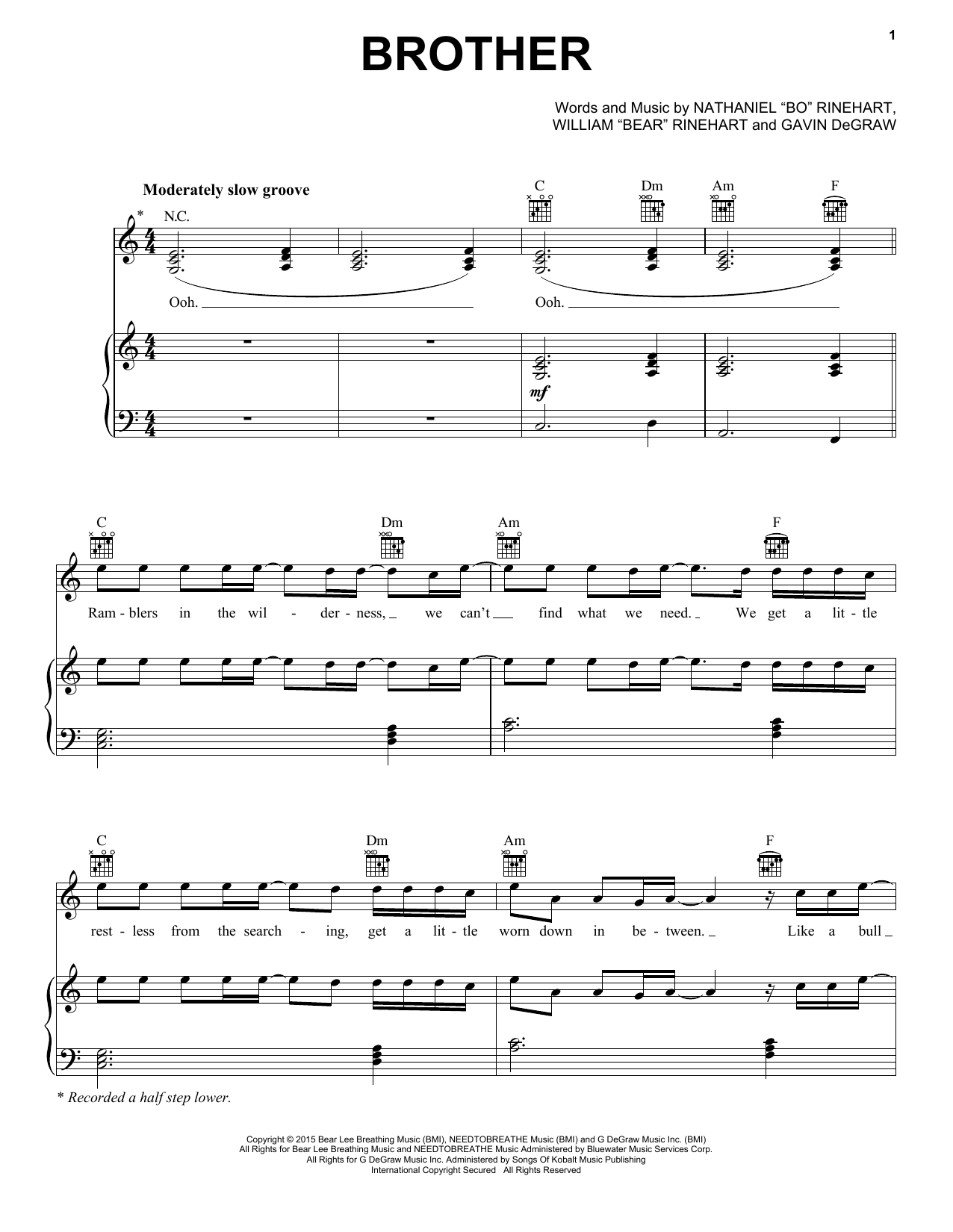 Download NEEDTOBREATHE Brother (feat. Gavin DeGraw) Sheet Music and learn how to play Piano, Vocal & Guitar Chords (Right-Hand Melody) PDF digital score in minutes