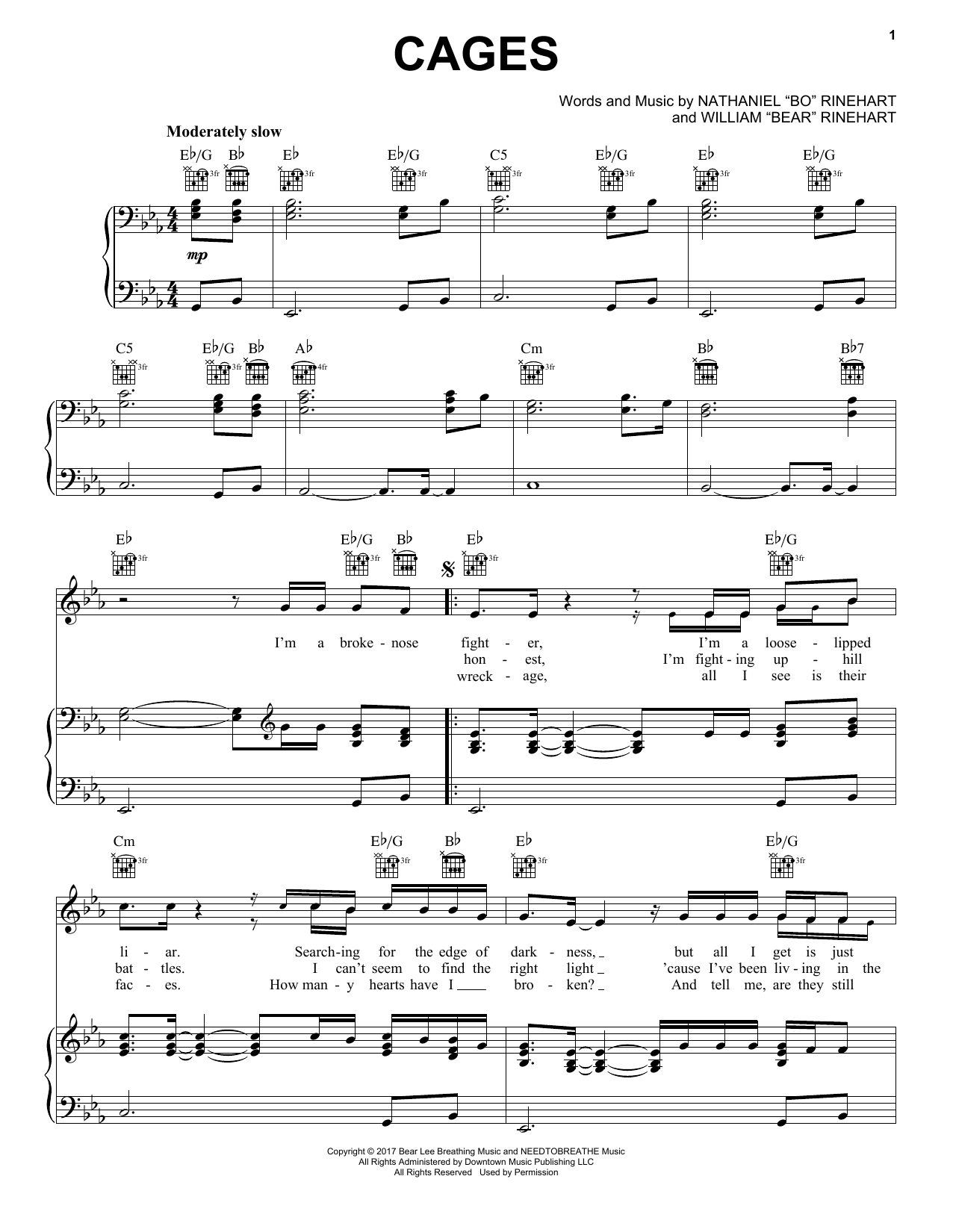 Download NEEDTOBREATHE Cages Sheet Music and learn how to play Piano, Vocal & Guitar (Right-Hand Melody) PDF digital score in minutes