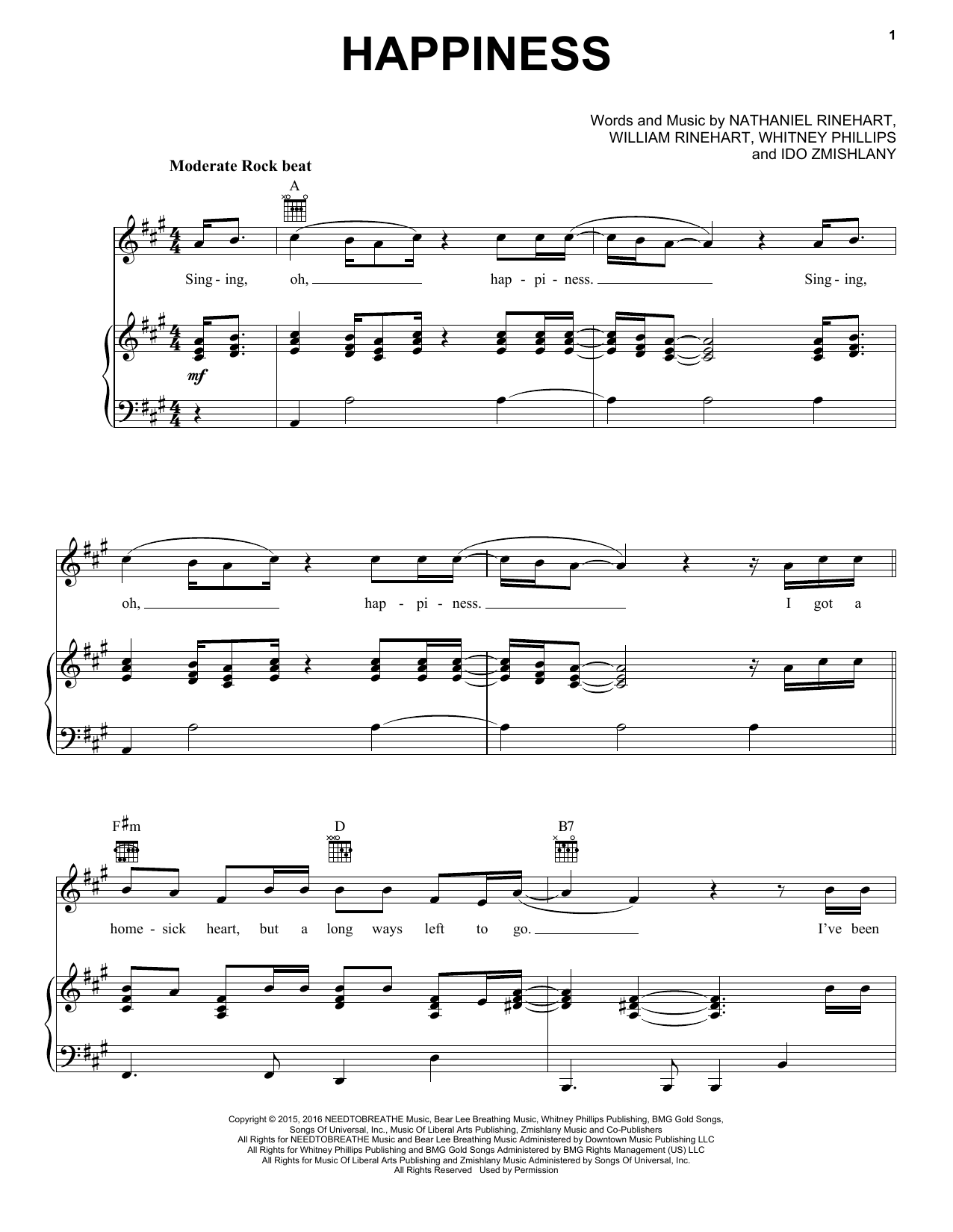 Download NEEDTOBREATHE Happiness Sheet Music and learn how to play Piano, Vocal & Guitar (Right-Hand Melody) PDF digital score in minutes