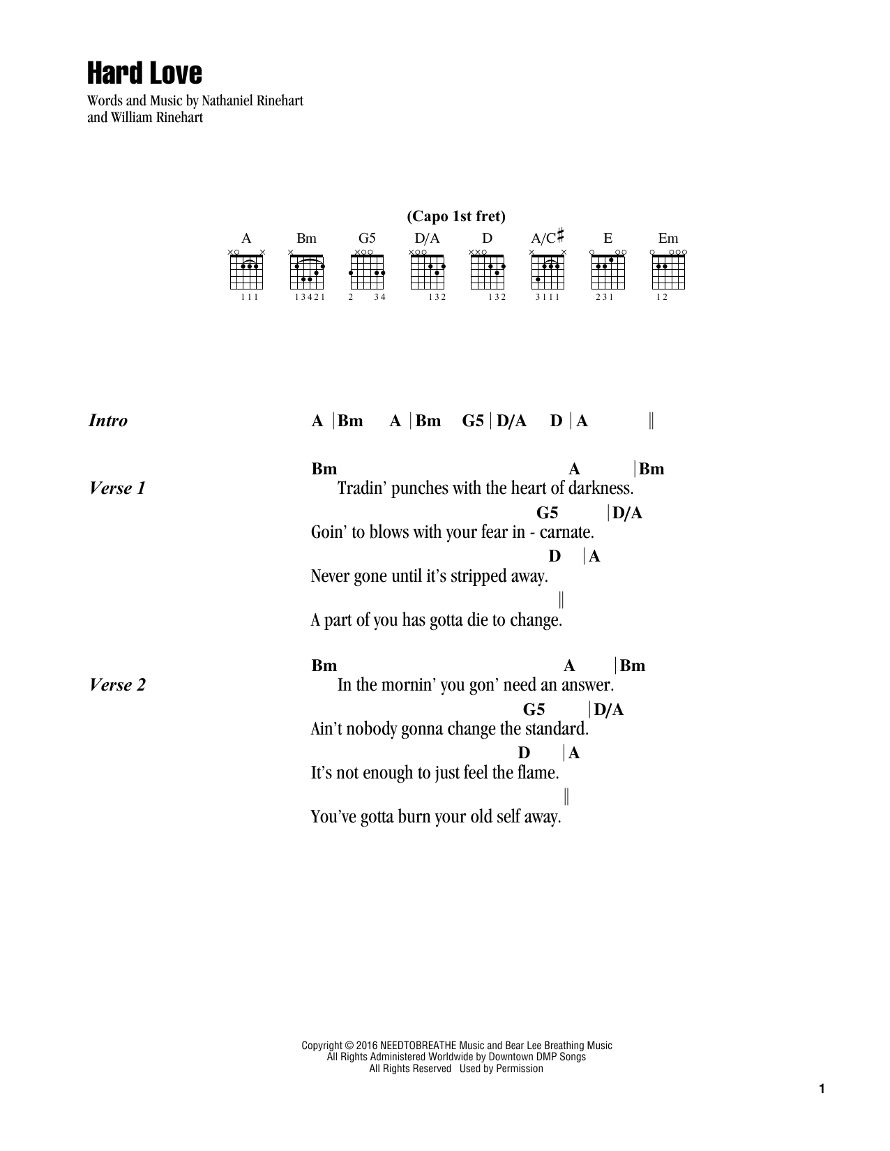 Download NEEDTOBREATHE Hard Love Sheet Music and learn how to play Guitar Chords/Lyrics PDF digital score in minutes
