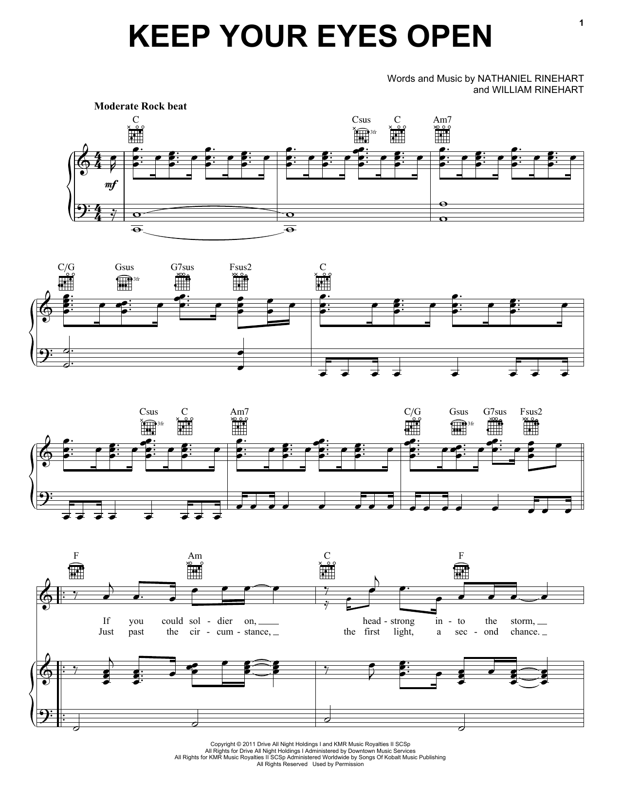 Download NEEDTOBREATHE Keep Your Eyes Open Sheet Music and learn how to play Piano, Vocal & Guitar Chords (Right-Hand Melody) PDF digital score in minutes