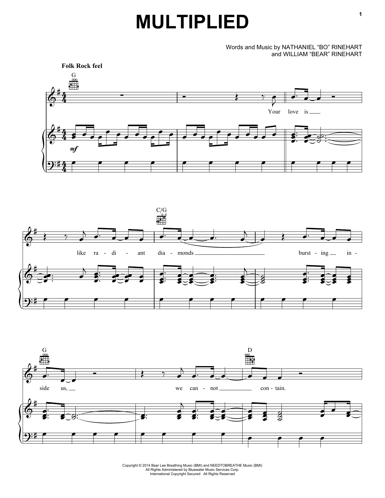 Download NEEDTOBREATHE Multiplied Sheet Music and learn how to play Piano, Vocal & Guitar (Right-Hand Melody) PDF digital score in minutes