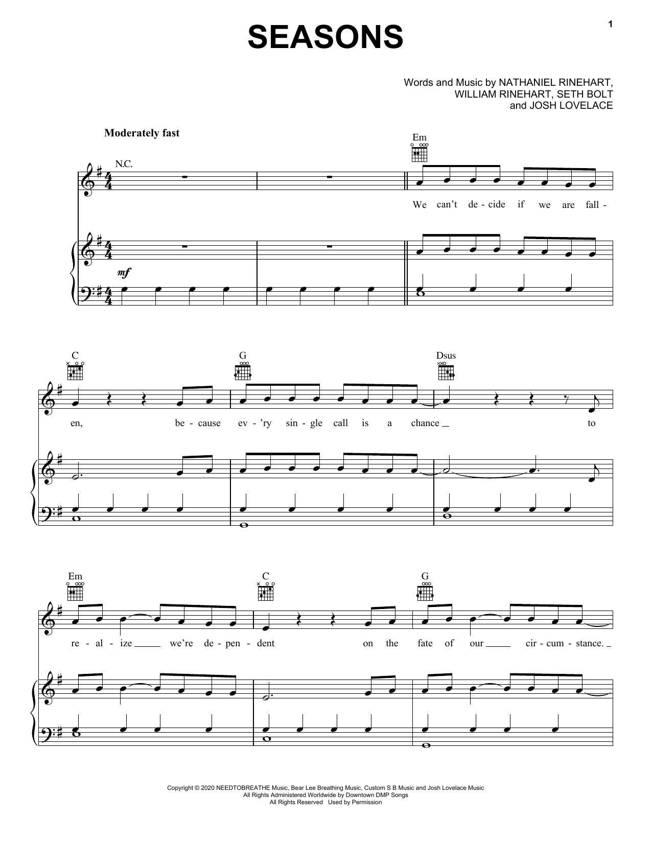 Download NEEDTOBREATHE Seasons Sheet Music and learn how to play Piano, Vocal & Guitar Chords (Right-Hand Melody) PDF digital score in minutes