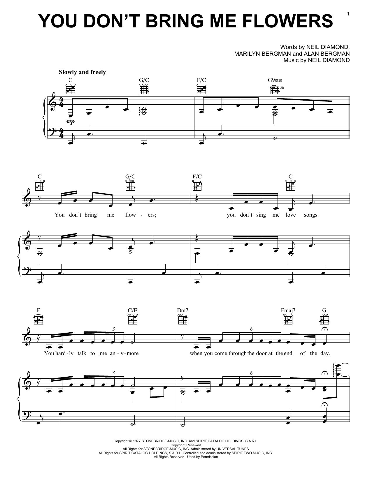 Download Neil Diamond & Barbra Streisand You Don't Bring Me Flowers Sheet Music and learn how to play Piano, Vocal & Guitar (Right-Hand Melody) PDF digital score in minutes