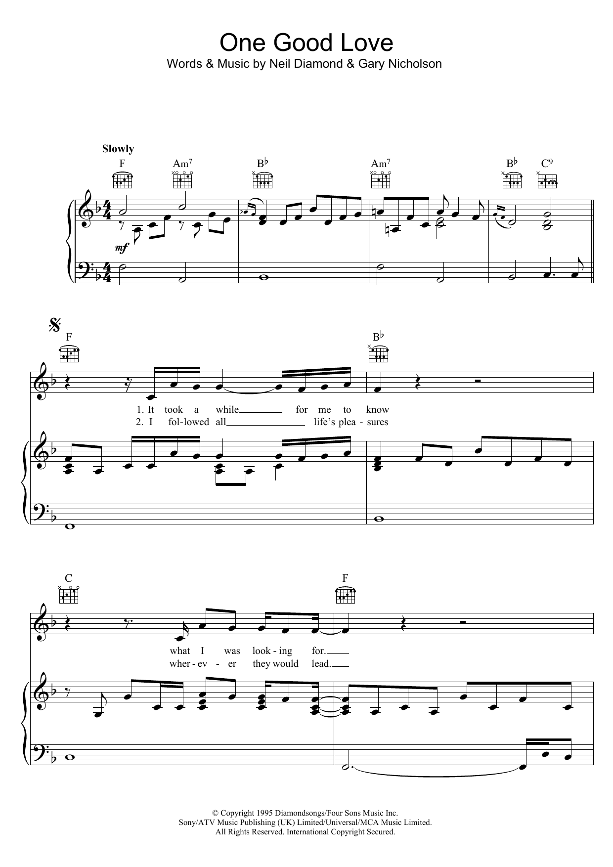 Download Neil Diamond & Waylon Jennings One Good Love Sheet Music and learn how to play Piano, Vocal & Guitar (Right-Hand Melody) PDF digital score in minutes