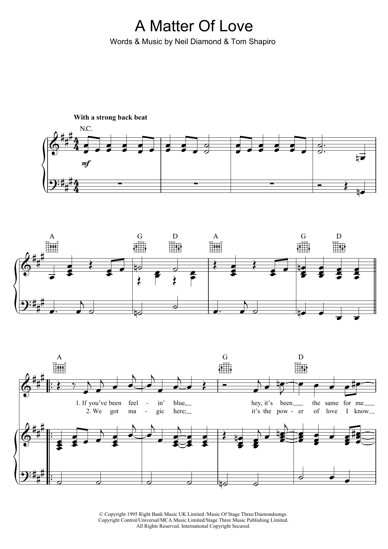 Download Neil Diamond A Matter Of Love Sheet Music and learn how to play Piano, Vocal & Guitar (Right-Hand Melody) PDF digital score in minutes