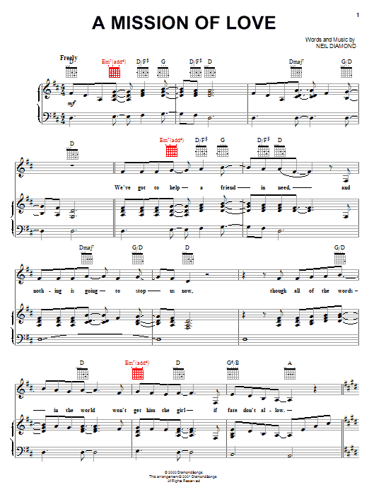 Download Neil Diamond A Mission Of Love Sheet Music and learn how to play Piano, Vocal & Guitar (Right-Hand Melody) PDF digital score in minutes