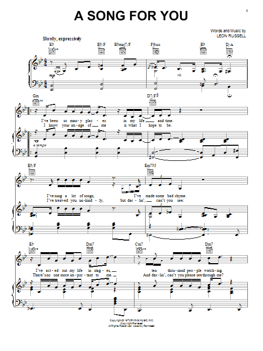 Download Neil Diamond A Song For You Sheet Music and learn how to play Piano, Vocal & Guitar (Right-Hand Melody) PDF digital score in minutes