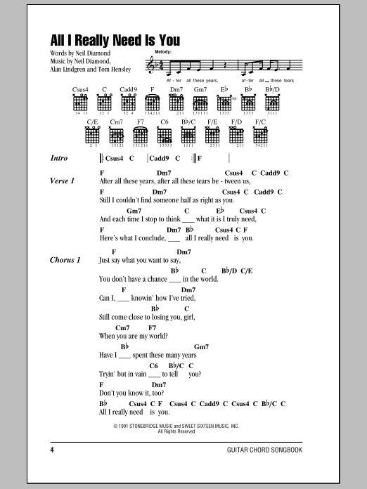 Download Neil Diamond All I Really Need Is You Sheet Music and learn how to play Lyrics & Chords PDF digital score in minutes