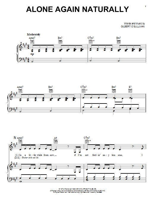 Download Neil Diamond Alone Again (Naturally) Sheet Music and learn how to play Piano, Vocal & Guitar (Right-Hand Melody) PDF digital score in minutes