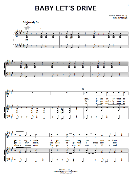 Download Neil Diamond Baby Let's Drive Sheet Music and learn how to play Piano, Vocal & Guitar (Right-Hand Melody) PDF digital score in minutes