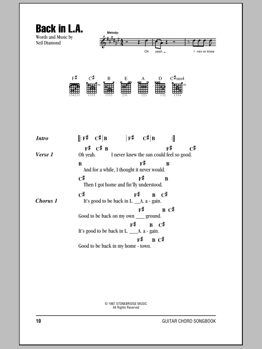 Download Neil Diamond Back In L.A. Sheet Music and learn how to play Lyrics & Chords PDF digital score in minutes