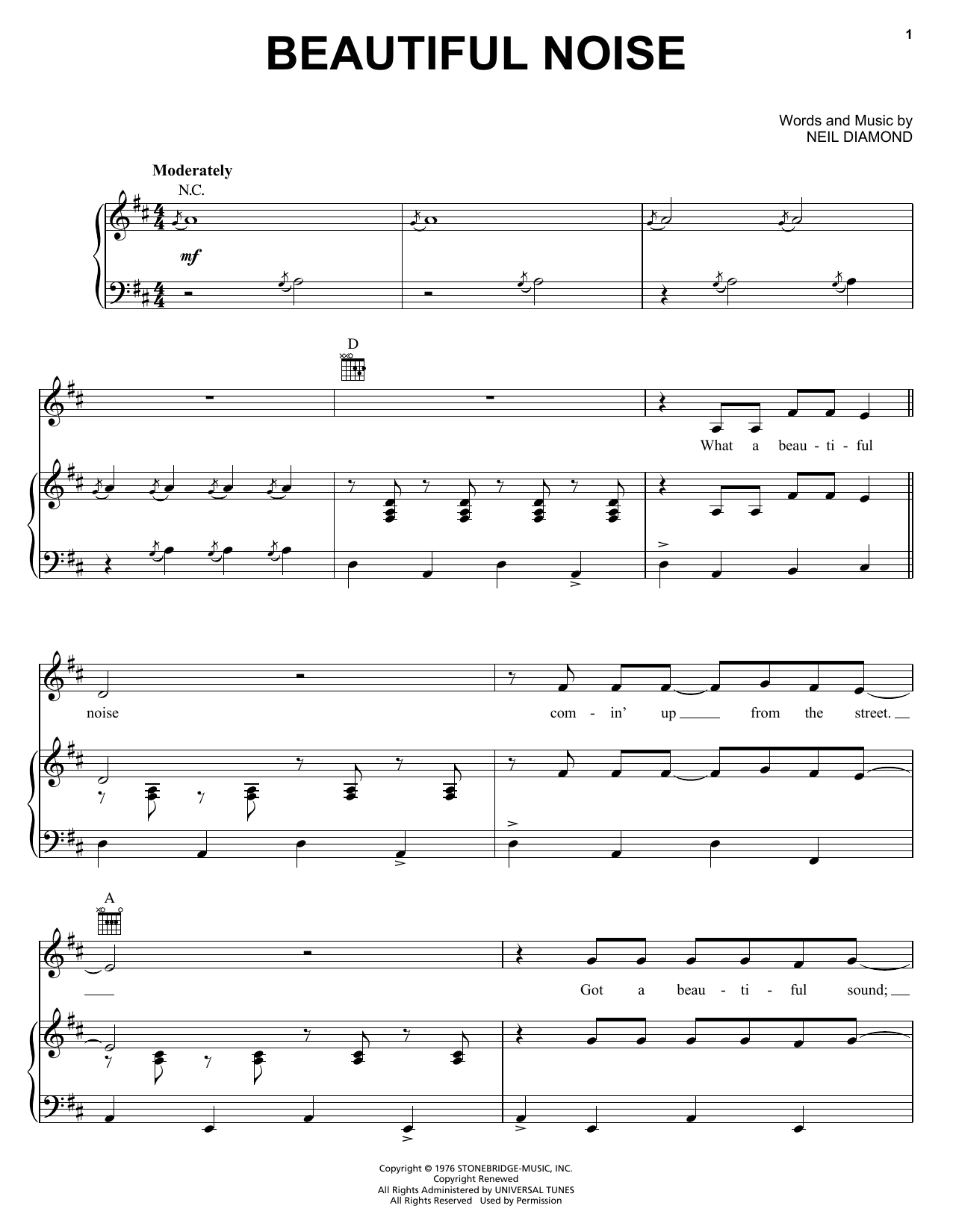 Download Neil Diamond Beautiful Noise Sheet Music and learn how to play Guitar with strumming patterns PDF digital score in minutes