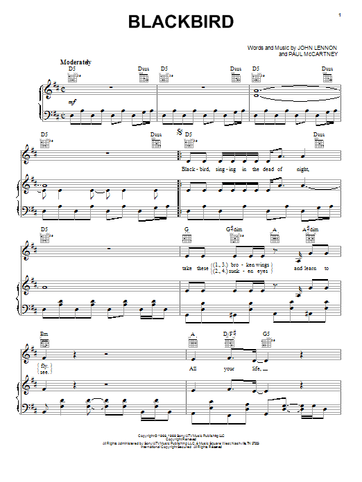 Download Neil Diamond Blackbird Sheet Music and learn how to play Piano, Vocal & Guitar (Right-Hand Melody) PDF digital score in minutes
