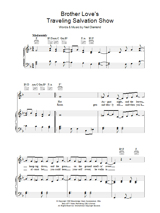 Download Neil Diamond Brother Love's Travelling Salvation Show Sheet Music and learn how to play Piano, Vocal & Guitar (Right-Hand Melody) PDF digital score in minutes