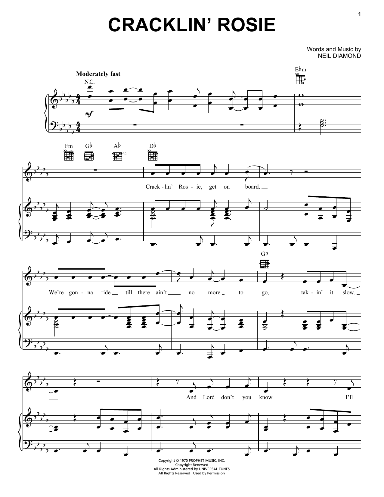 Download Neil Diamond Cracklin' Rosie Sheet Music and learn how to play Piano, Vocal & Guitar (Right-Hand Melody) PDF digital score in minutes
