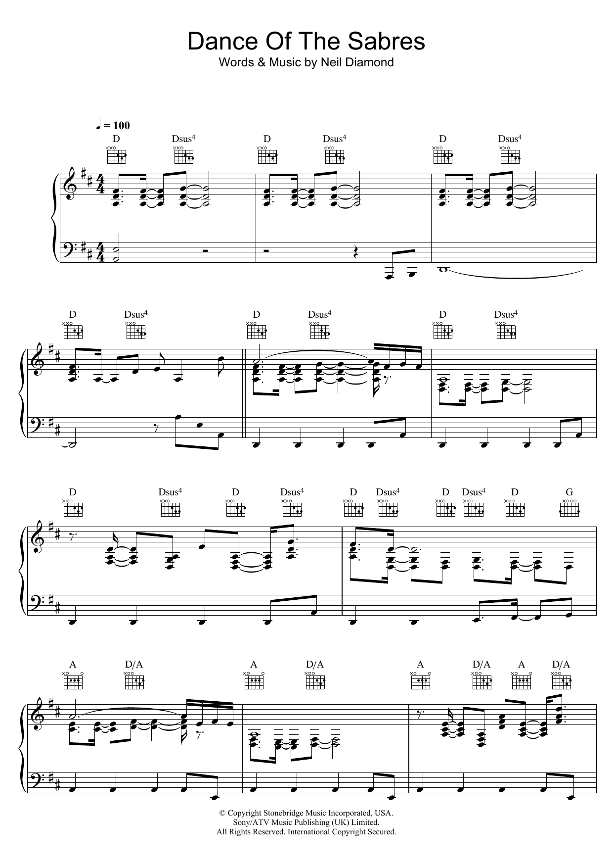 Download Neil Diamond Dance Of The Sabres Sheet Music and learn how to play Piano, Vocal & Guitar (Right-Hand Melody) PDF digital score in minutes