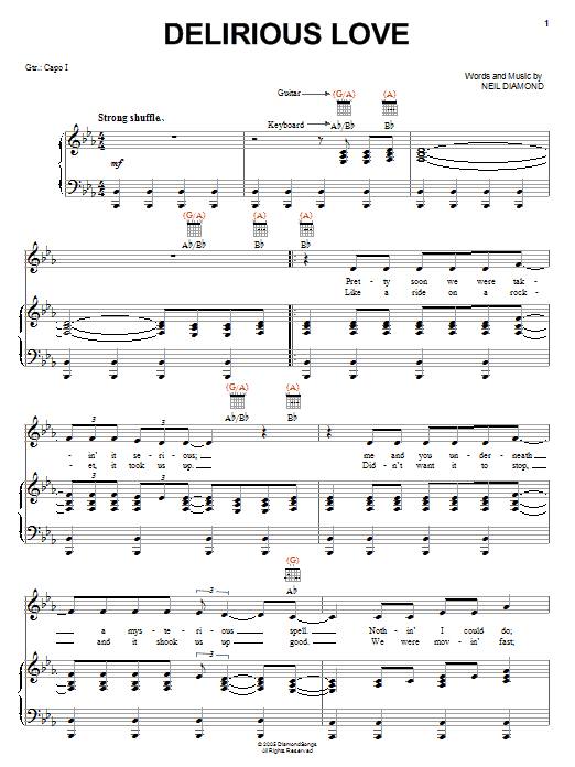 Download Neil Diamond Delirious Love Sheet Music and learn how to play Easy Guitar Tab PDF digital score in minutes