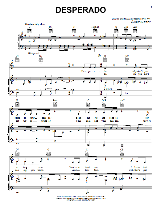Download Neil Diamond Desperado Sheet Music and learn how to play Piano, Vocal & Guitar (Right-Hand Melody) PDF digital score in minutes