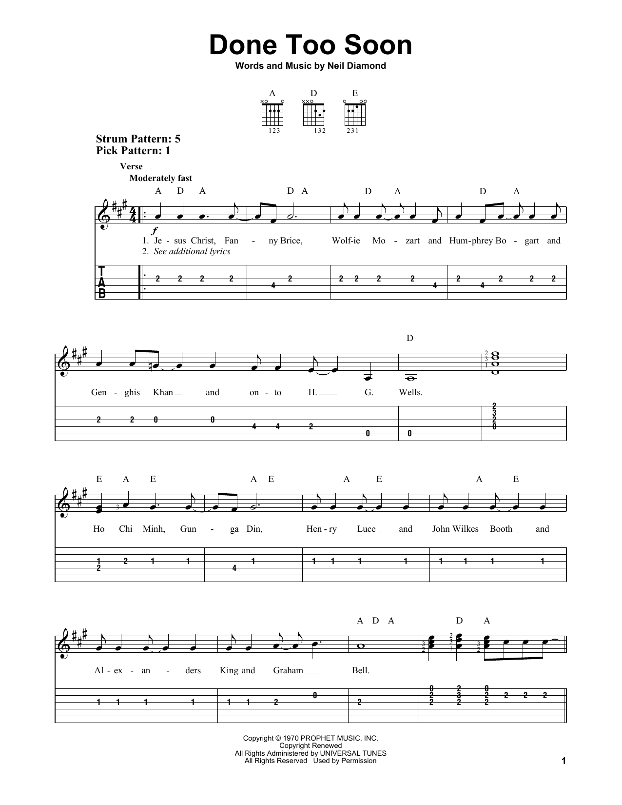 Download Neil Diamond Done Too Soon Sheet Music and learn how to play Easy Guitar Tab PDF digital score in minutes