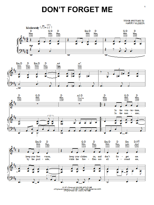 Download Neil Diamond Don't Forget Me Sheet Music and learn how to play Piano, Vocal & Guitar (Right-Hand Melody) PDF digital score in minutes