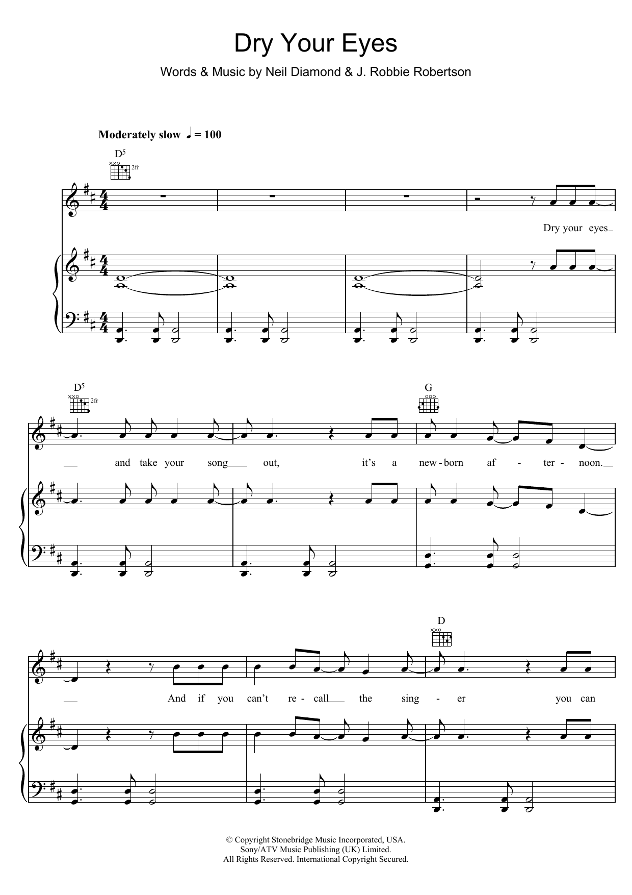 Download Neil Diamond Dry Your Eyes Sheet Music and learn how to play Piano, Vocal & Guitar (Right-Hand Melody) PDF digital score in minutes