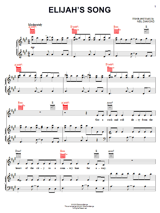 Download Neil Diamond Elijah's Song Sheet Music and learn how to play Piano, Vocal & Guitar (Right-Hand Melody) PDF digital score in minutes
