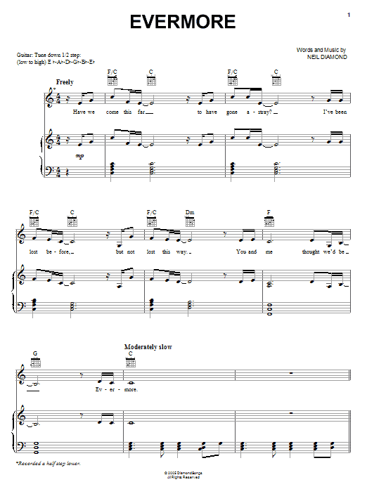 Download Neil Diamond Evermore Sheet Music and learn how to play Piano, Vocal & Guitar (Right-Hand Melody) PDF digital score in minutes