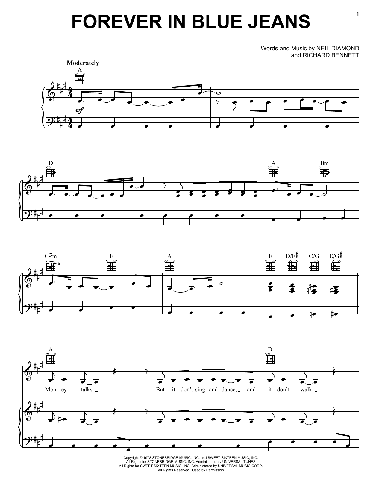 Download Neil Diamond Forever In Blue Jeans Sheet Music and learn how to play Piano, Vocal & Guitar (Right-Hand Melody) PDF digital score in minutes