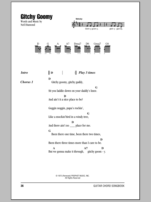 Download Neil Diamond Gitchy Goomy Sheet Music and learn how to play Lyrics & Chords PDF digital score in minutes