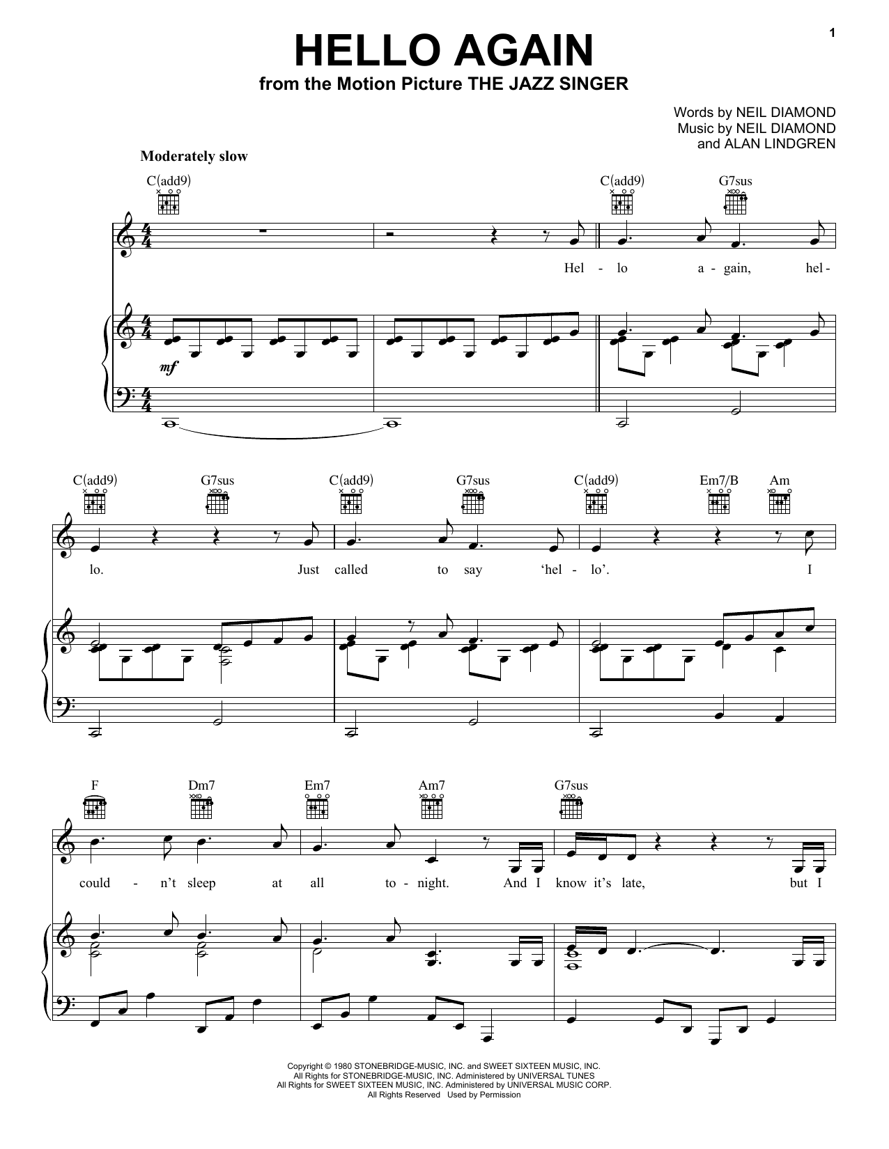 Download Neil Diamond Hello Again Sheet Music and learn how to play Voice PDF digital score in minutes